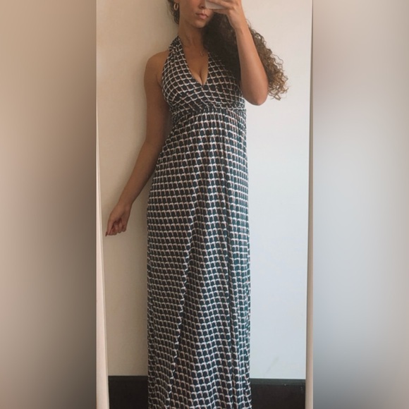 TBAGS LOS ANGELES Navy Blue Graphic Circle Print Jersey Halter Tie Maxi Dress - Picture 1 of 9